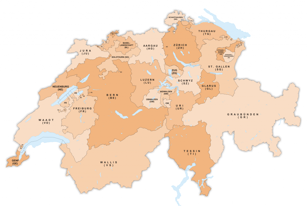 Подробная карта кантонов Швейцарии, Кантоны Швейцарии