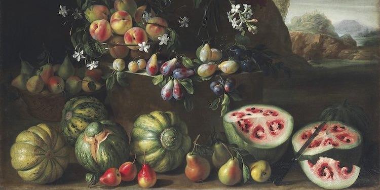 Натюрморт с арбузами, персиками, грушами и другими фруктами